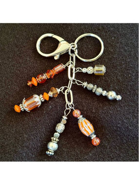 NEW Orange Silver Beaded Crystal Bag Charm Keychain Handmade One of a Kind (#3)